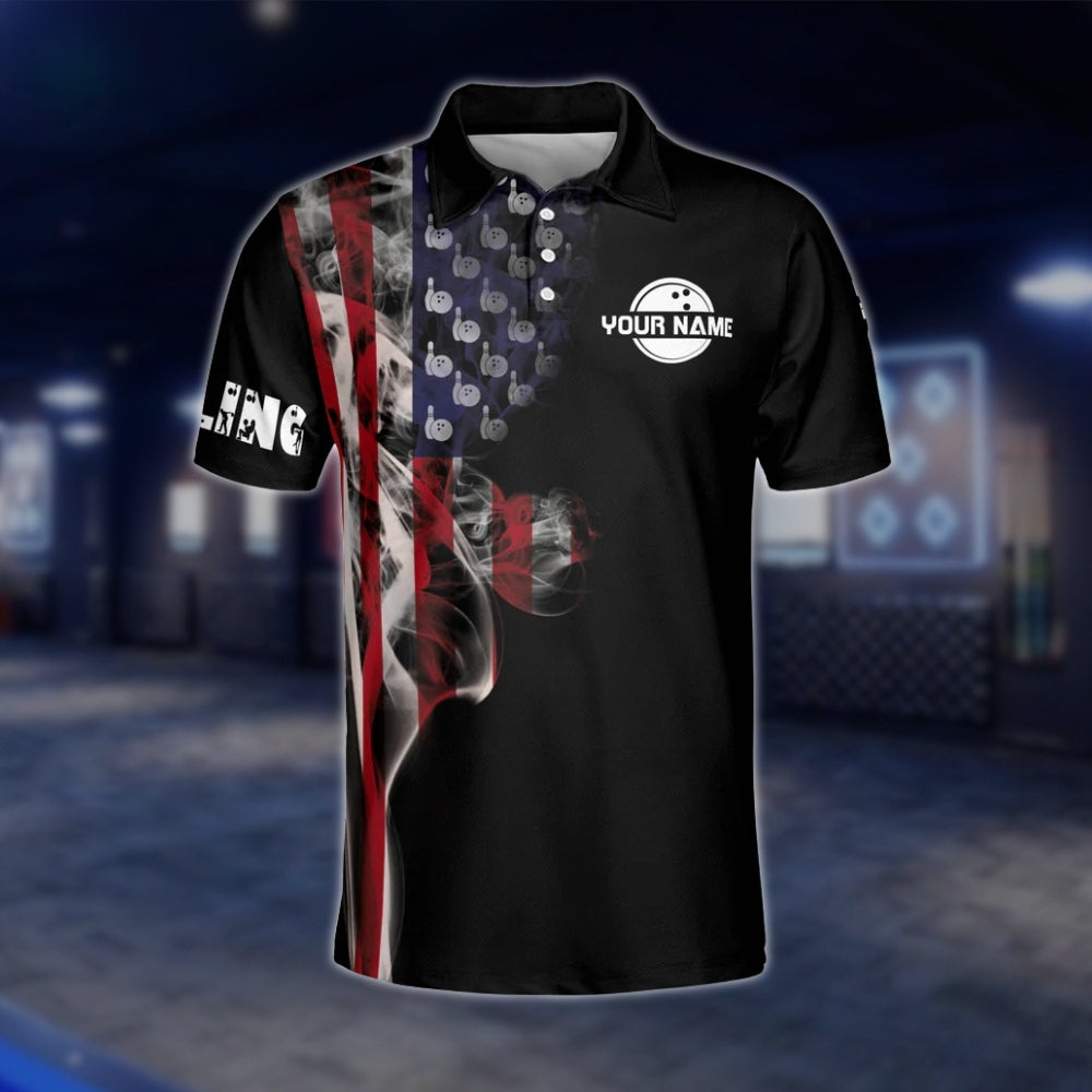 Custom American Flag Smoke Bowling Polo Shirt, Custom Patriotic Bowling Team Shirts BM0319