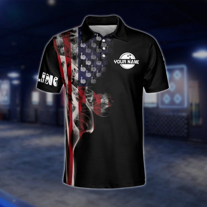 Custom American Flag Smoke Bowling Polo Shirt, Custom Patriotic Bowling Team Shirts BM0319