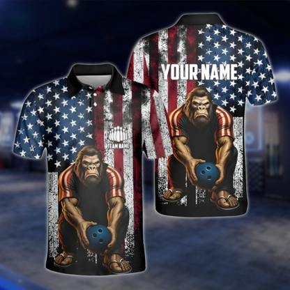 Personalized Men's Bigfoot Sasquatch American Flag Bowling Polo Shirts, Custom Patriotic Bigfoot Bowling Shirt Team BZ0337
