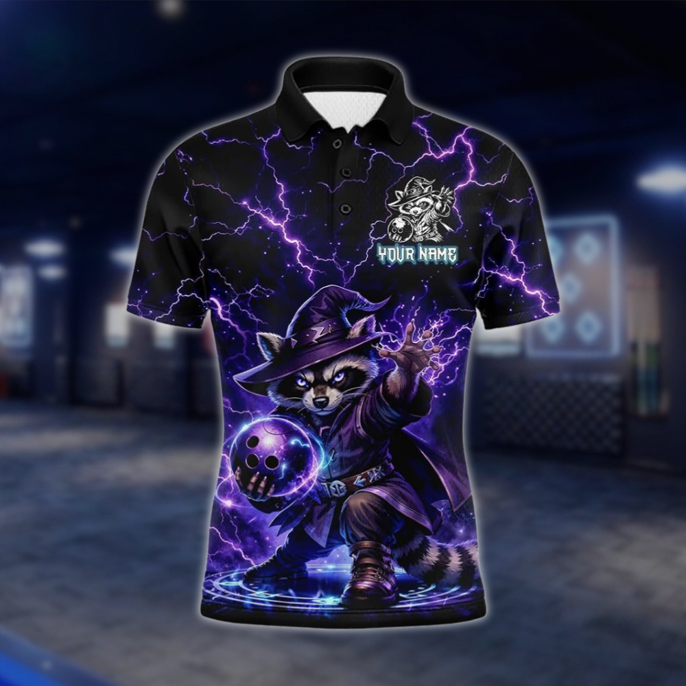 Personalized Raccoon Wizard Thunder Bowling Polo Shirt Men, Custom Raccoon Bowling Team Shirt BZ0939