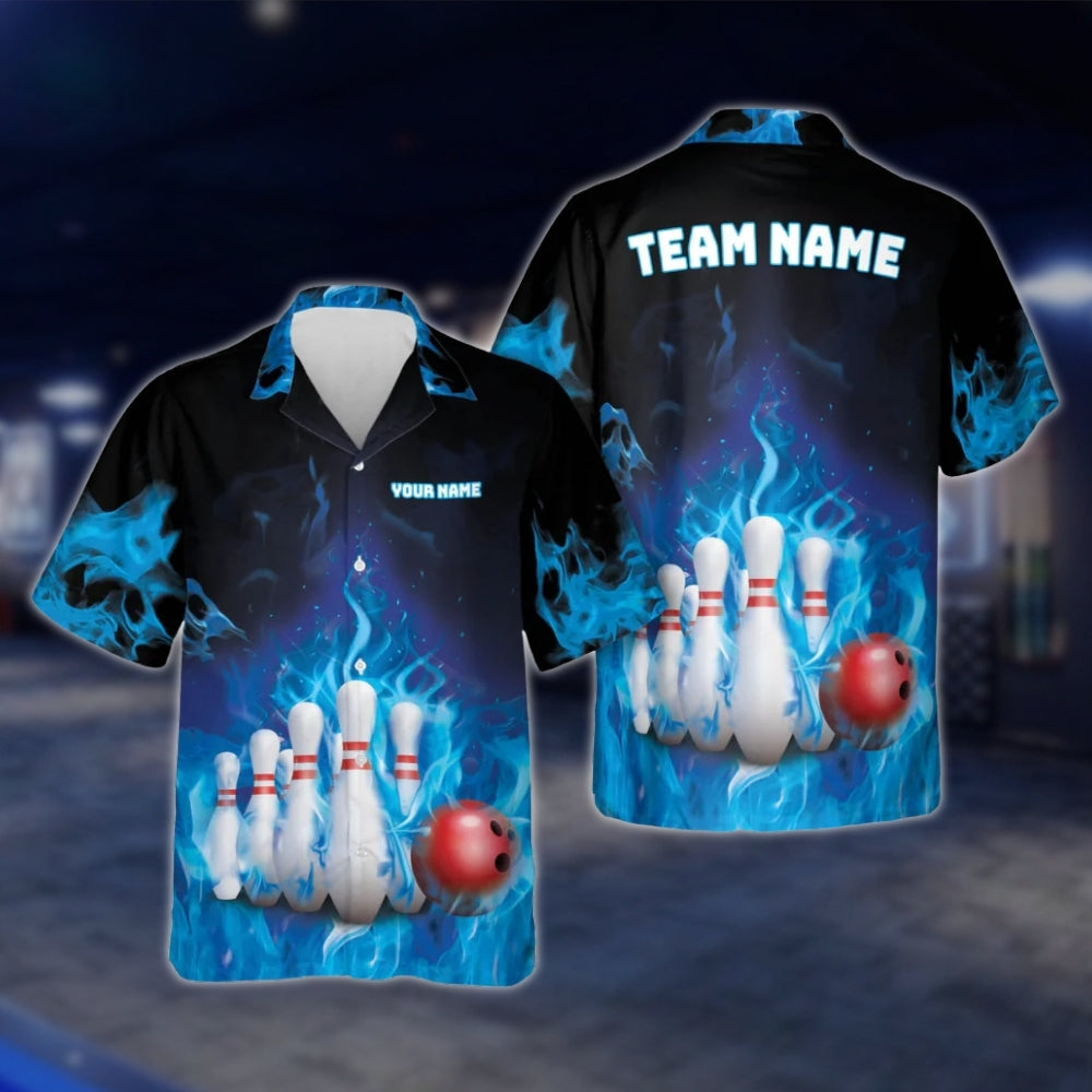 Fire Ball And Pins Custom Men And Women Bowling Hawaiian Shirt, Custom Flame Bowling Team Shirts BZ0184