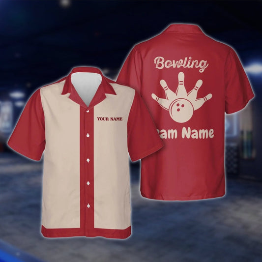 Red And Beige Custom Vintage Bowling Hawaiian Shirt For Men Women, Custom Team Vintage Bowling Shirts BZ0018
