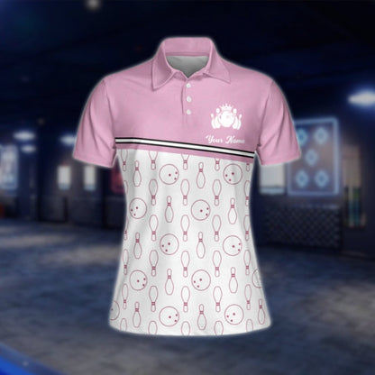 Women's Queen Of The Lanes Custom White Pink Bowling Polo Shirt, Custom Funny Bowling Team Shirts For Ladies BW0161