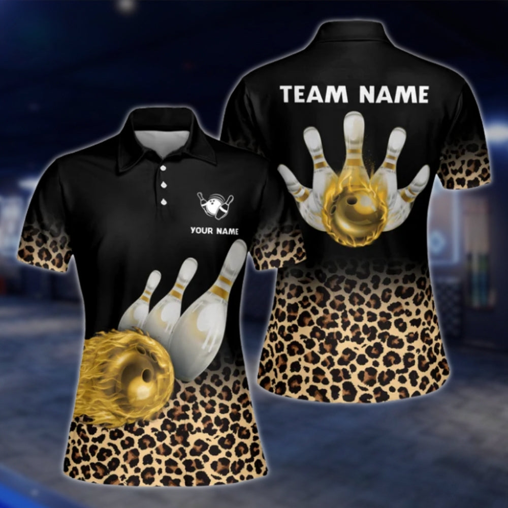 Leopard Flame Ball Custom Womens Bowling Polo Shirt, Custom Leopard Bowling Team Shirts For Ladies BW0163