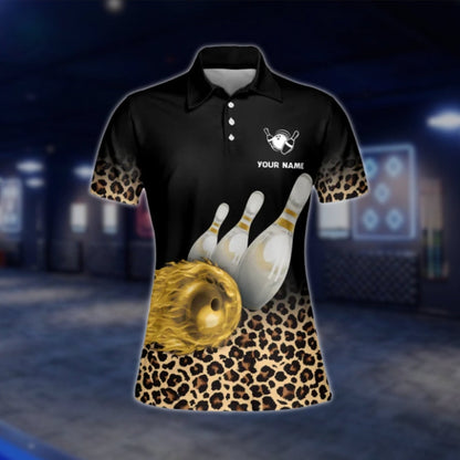 Leopard Flame Ball Custom Womens Bowling Polo Shirt, Custom Leopard Bowling Team Shirts For Ladies BW0163