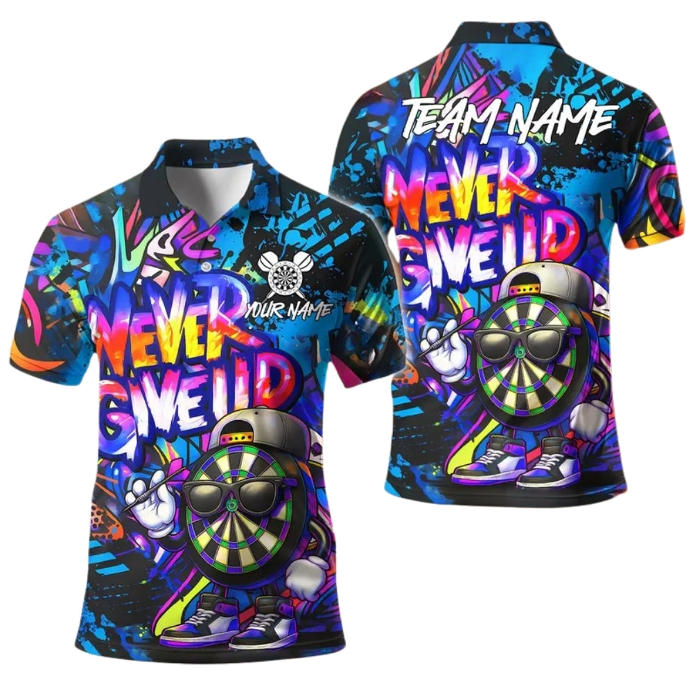 Never Give Up Funny Dartboard for Mens Personalized Darts Button Polo