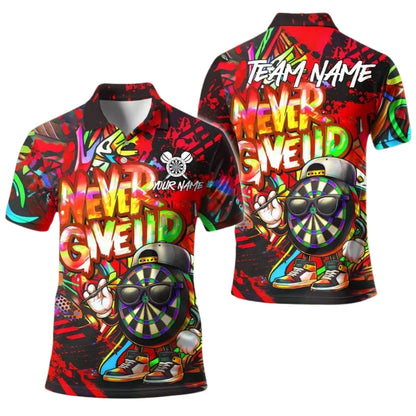 Never Give Up Funny Dartboard for Mens Personalized Darts Button Polo
