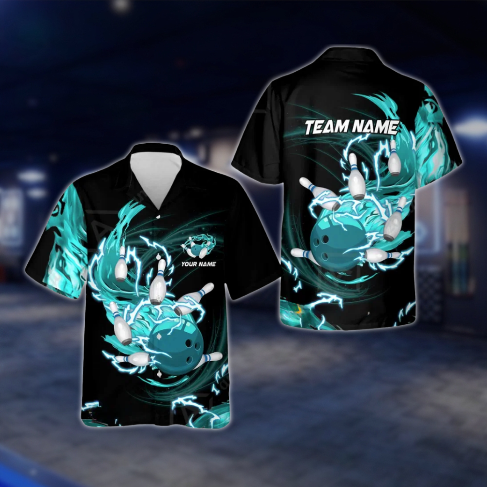 Personalized Flame Ball And Pins Bowling Hawaiian Shirt For Men, Custom Flame Team Bowling Shirt BZ0771