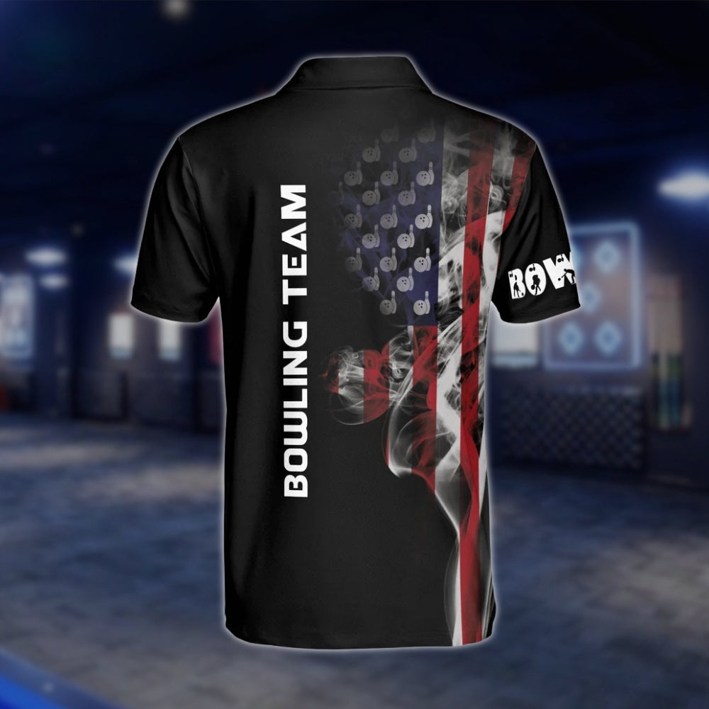 Custom American Flag Smoke Bowling Polo Shirt, Custom Patriotic Bowling Team Shirts BM0319