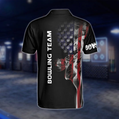 Custom American Flag Smoke Bowling Polo Shirt, Custom Patriotic Bowling Team Shirts BM0319