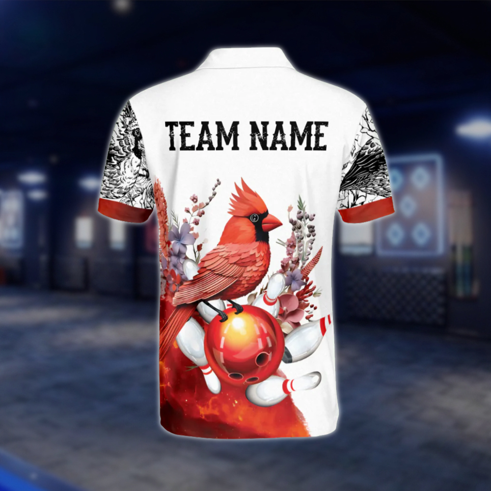 Custom Cardinal Bird Bowling Polo Shirt For Men, Red White Custom Cardinal Bowling Team Shirts BO0361
