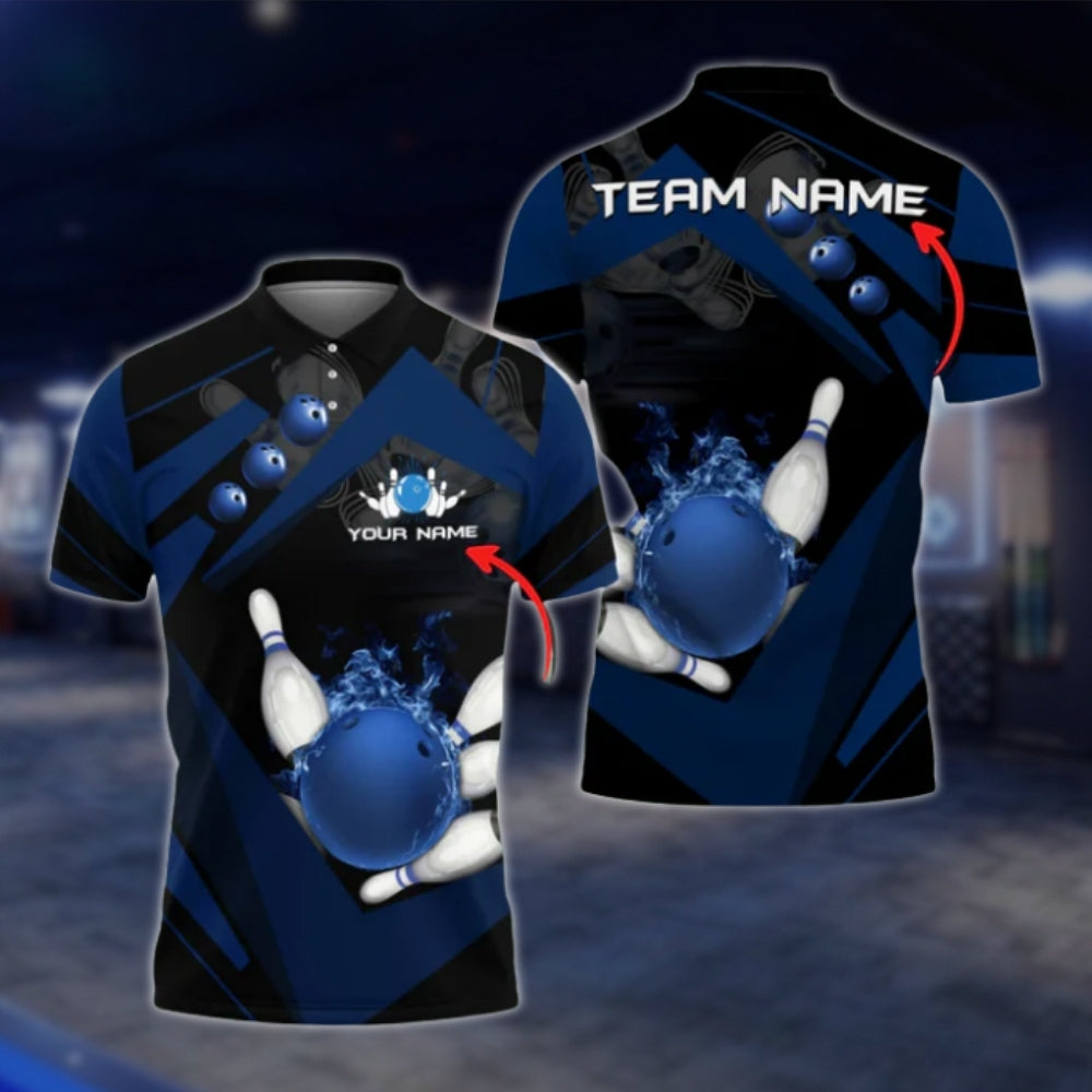 Custom Team Flame Ball Bowling Polo Shirt For Mens, Blue Black Custom Bowling Team Shirts BO0375