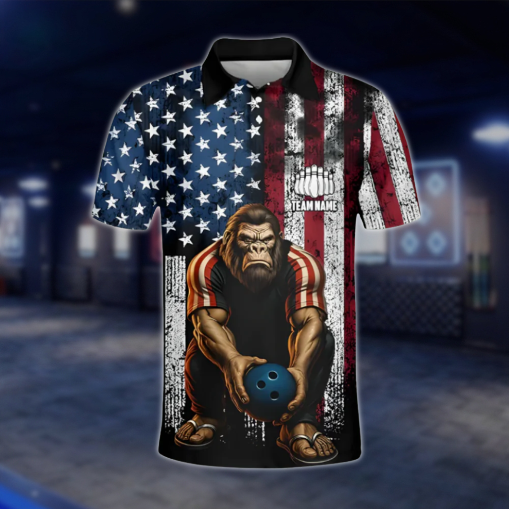 Personalized Men's Bigfoot Sasquatch American Flag Bowling Polo Shirts, Custom Patriotic Bigfoot Bowling Shirt Team BZ0337