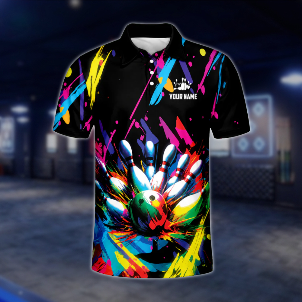 Customized Graffiti Colorful Polo Bowling Team Shirts For Men, Custom Team Bowling Shirts BL0004