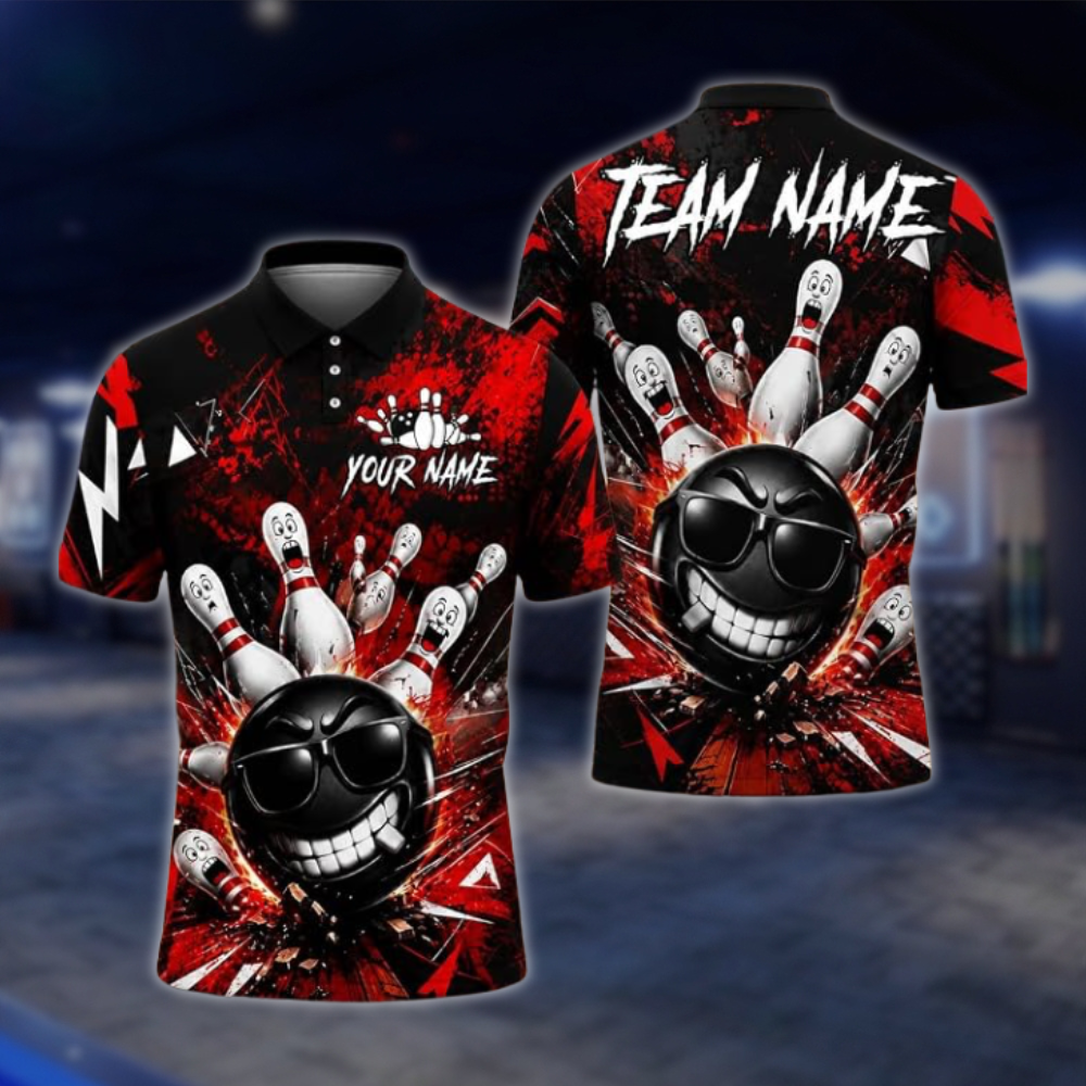 Personalized Funny Ball Men's Red Black Bowling Polo Shirt, Custom Team Funny Bowling Shirt BZ0919