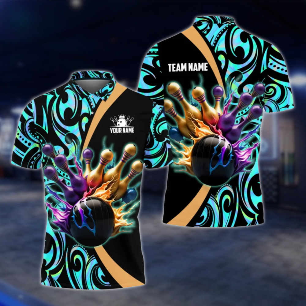 Personalized Golden Pins Men's Tribal Bowling Polo Shirt, Custom Tribal Bowling Shirt For Team BZ0803