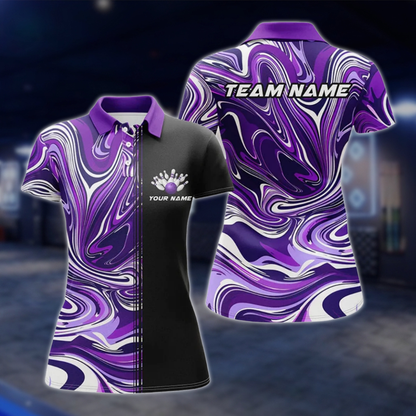 Personalized Marble Purple Black Women's Bowling Polo Shirt, Custom Team Bowling Shirt Ladies BZ0766