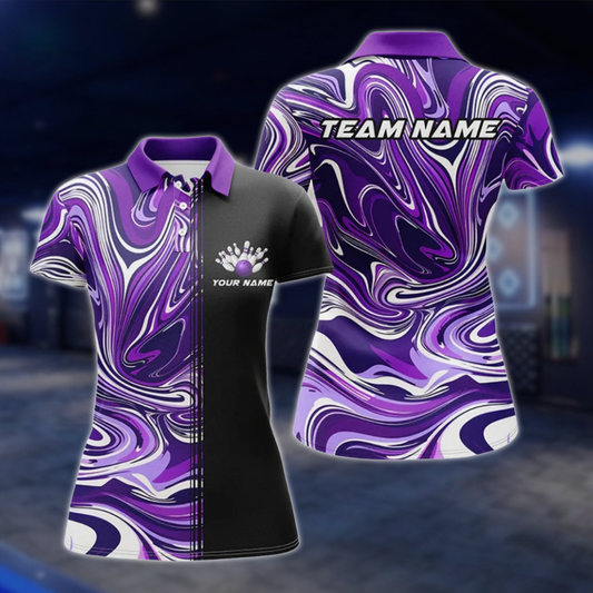 Personalized Marble Purple Black Women's Bowling Polo Shirt, Custom Team Bowling Shirt Ladies BZ0766