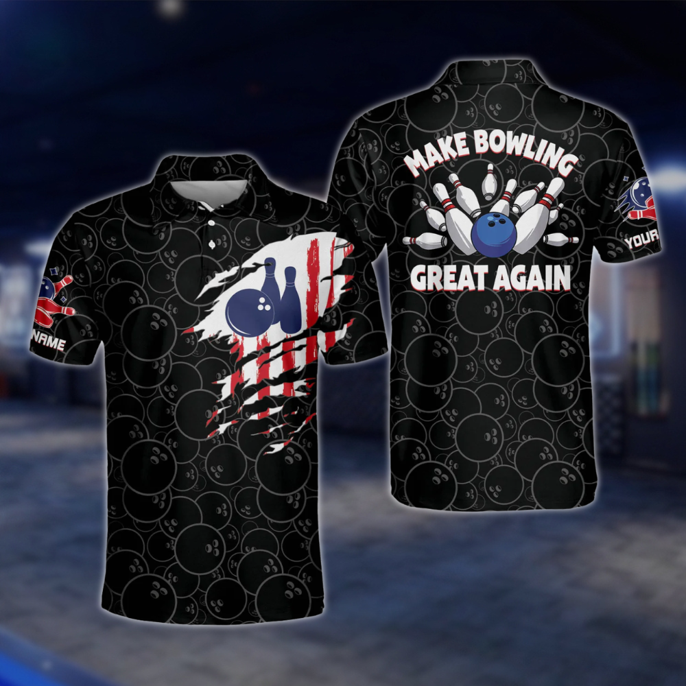 Make Bowling Great Again Custom USA Flag Black Bowling Polo Shirt For Mens, Custom Patriotic Bowling Shirts BM0085