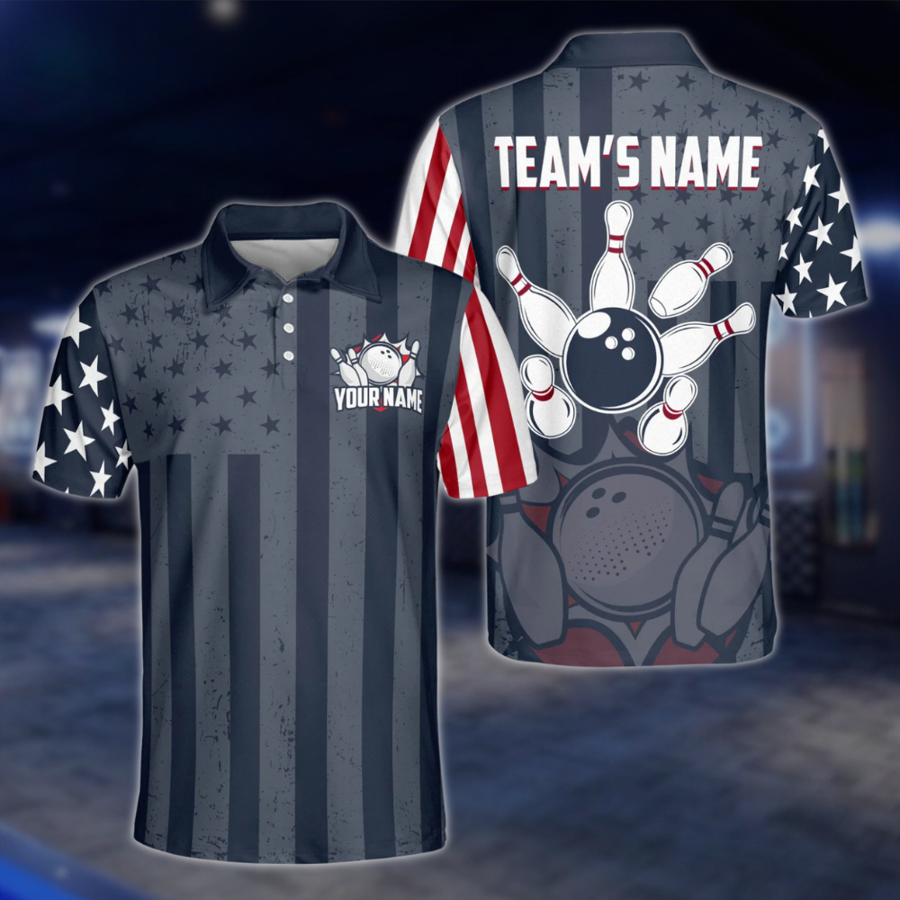 USA Flag Custom Mens Navy Bowling Polo Shirt, Custom Patriotic Bowling Team Shirts BZ0209