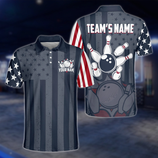 USA Flag Custom Mens Navy Bowling Polo Shirt, Custom Patriotic Bowling Team Shirts BZ0209