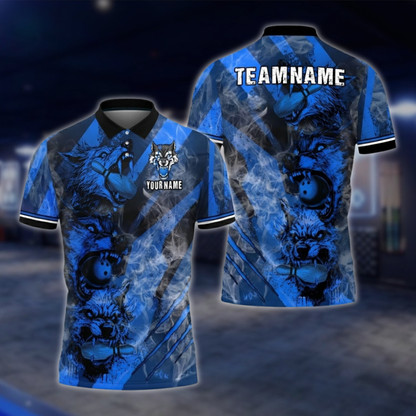 Personalized Wolf Mens Bowling Polo Shirt Blue Smoke, Custom Wolf Bowling Shirts For Team BZ0753