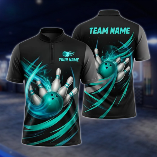 Personlized Team  Black And Cyan Bowling Jersey For Men, Custom Bowling Shirt BZ0764