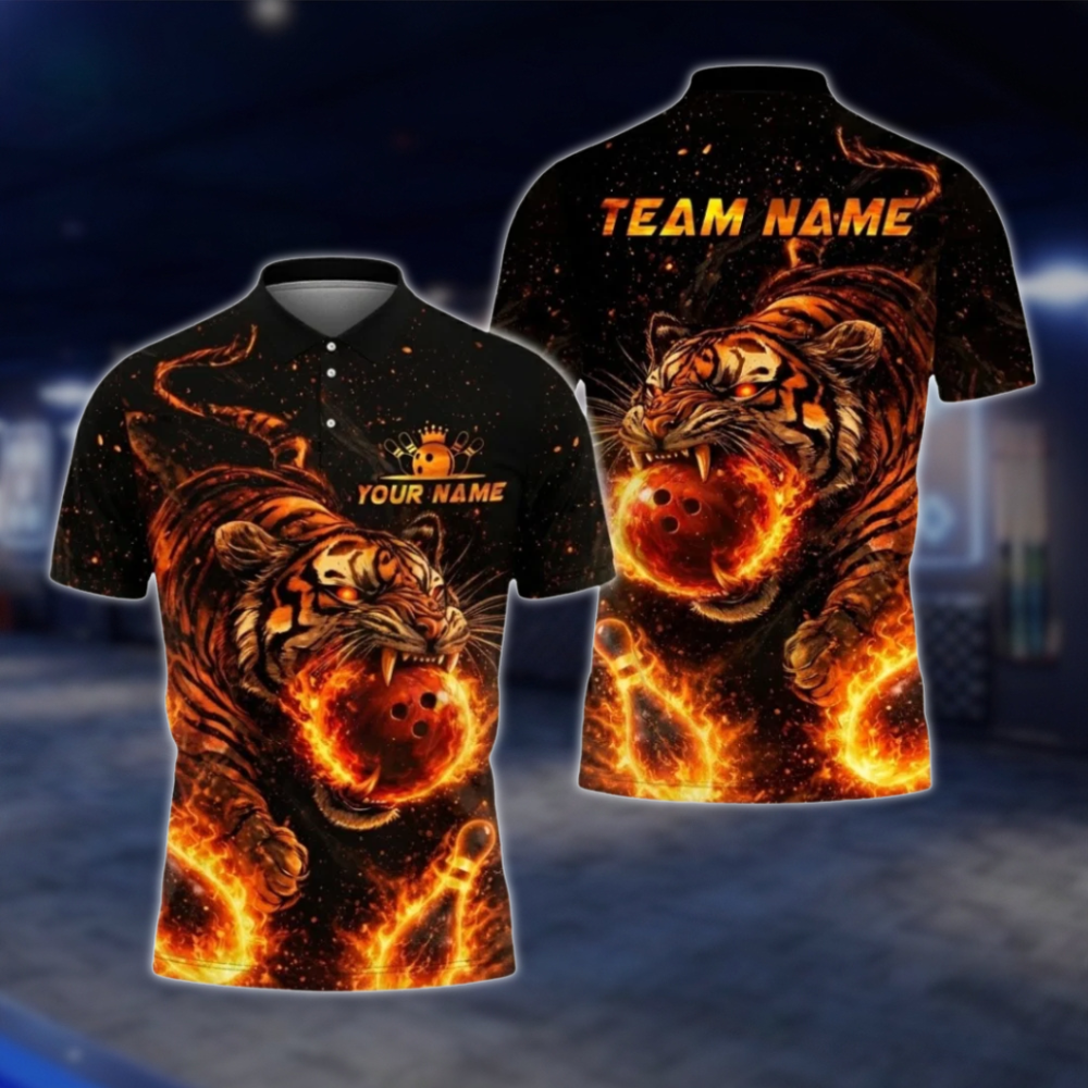 Personalized Tiger Flaming Ball Bowling Polo Shirt For Men, Custom Tiger Bowling Shirt Team BZ0805