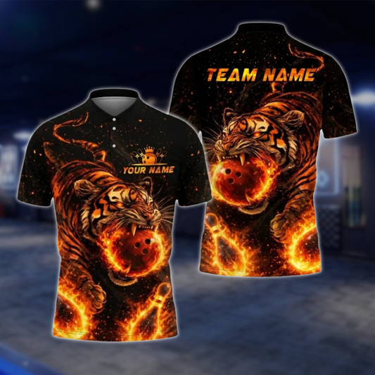 Personalized Tiger Flaming Ball Bowling Polo Shirt For Men, Custom Tiger Bowling Shirt Team BZ0805