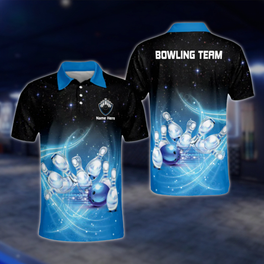 Custom Men's Blue And Black Polo Bowling Team Shirts, Custom Bowling Shirts BM0096