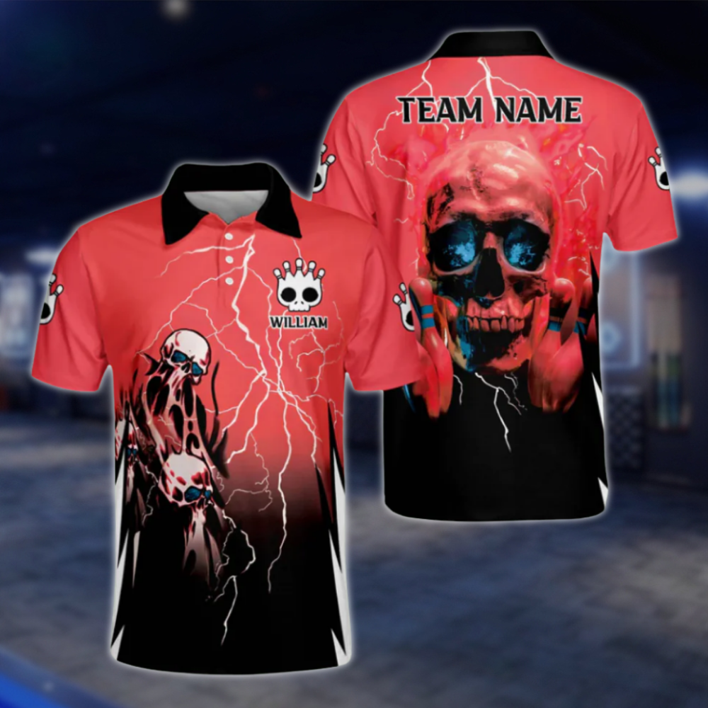Custom Skull Men's Red Black Polo Bowling Team Shirts, Custom Skull Bowling Shirt BZ0158