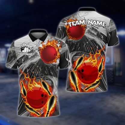 Personalized Flame Bowling Men's Polo Shirt, Custom Flame Bowling Shirts For Team BZ0733