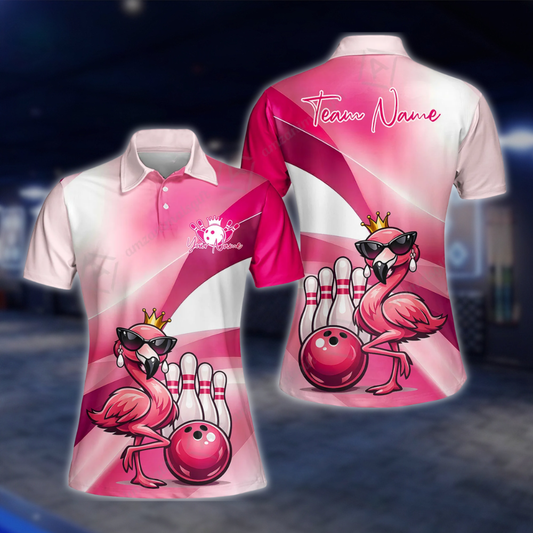 Personalized Flamingo Womens Bowling Polo Shirt, Custom Flamingo Bowling Team Shirt Ladies BZ0935