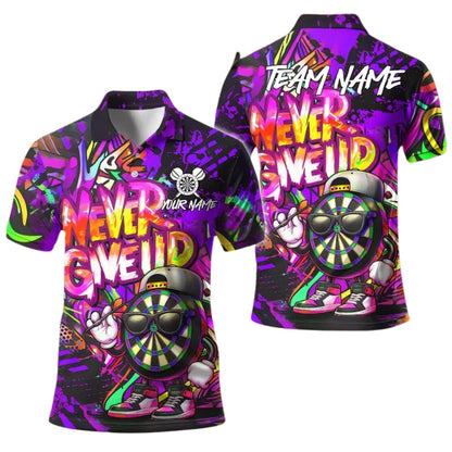 Never Give Up Funny Dartboard for Mens Personalized Darts Button Polo