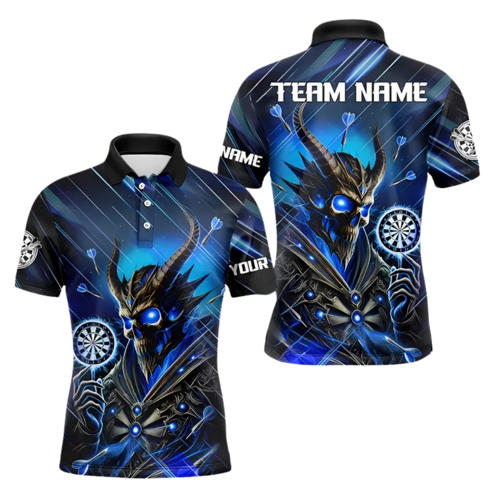 Black Blue Skull Demon Mens Personalized Darts Button Polo