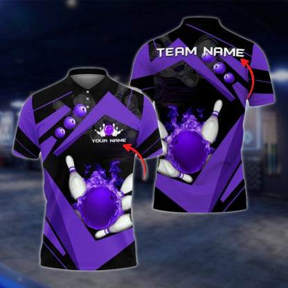 Custom Team Flame Ball Bowling Polo Shirt For Mens, Blue Black Custom Bowling Team Shirts BO0375