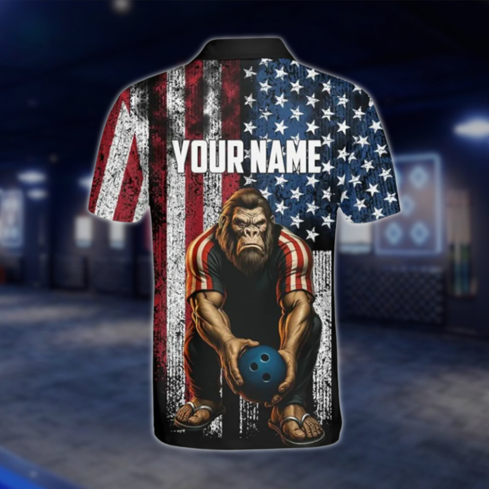 Personalized Men's Bigfoot Sasquatch American Flag Bowling Polo Shirts, Custom Patriotic Bigfoot Bowling Shirt Team BZ0337