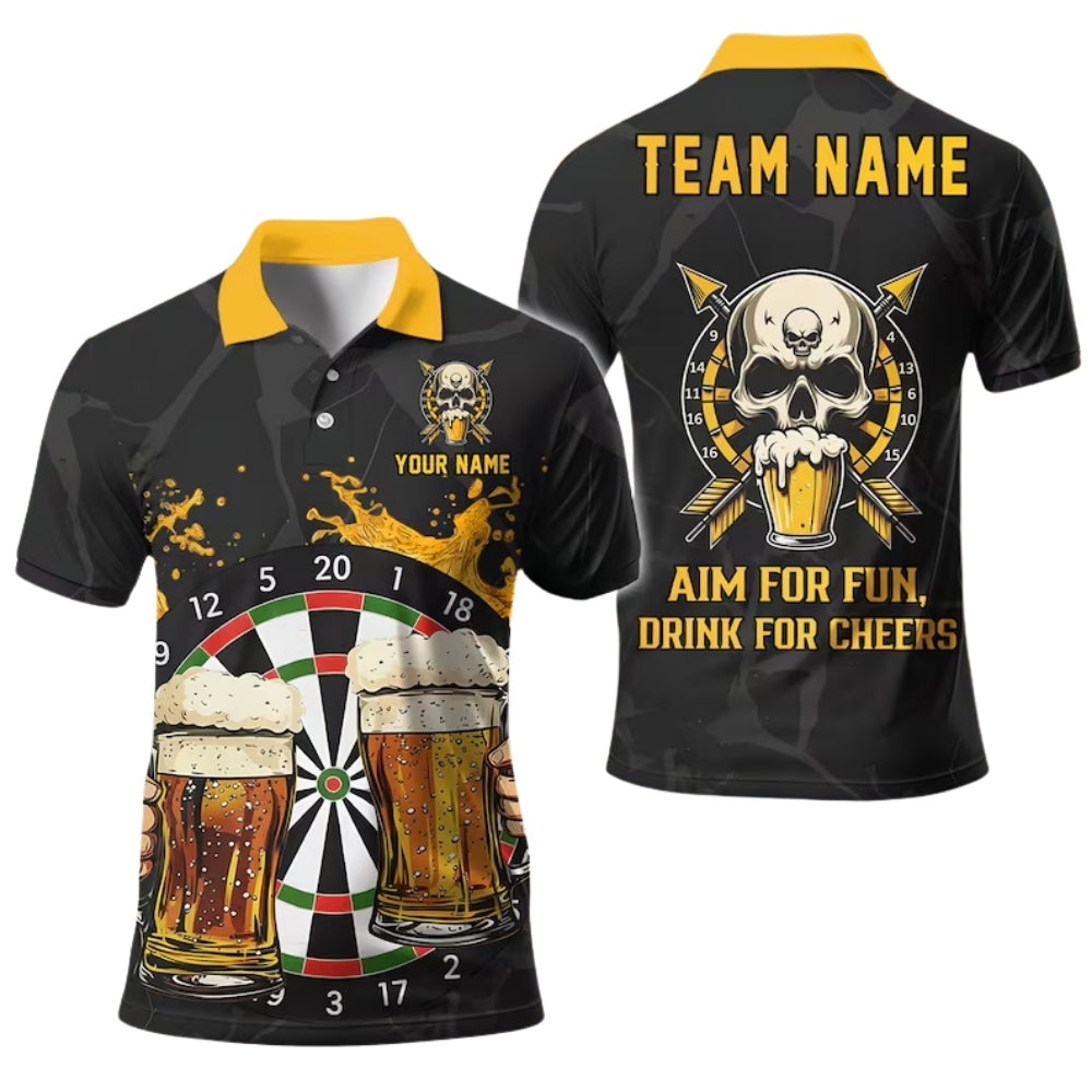 Aim for Fun Drink for Cheers Skull Beer Men's Personalized Darts Button Polo