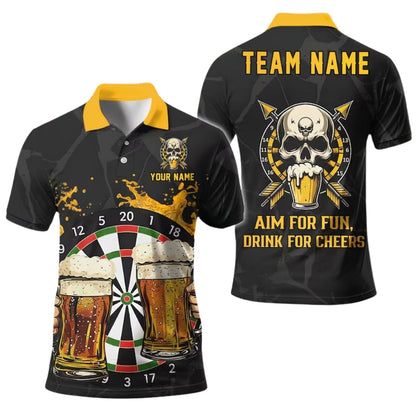 Aim for Fun Drink for Cheers Skull Beer Men's Personalized Darts Button Polo