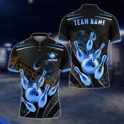 Golden Pins And Ball Custom Team Bowling Polo Shirt For Men, Custom Black Gold Bowling Team Shirts BA0007