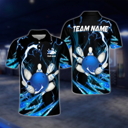 Custom Team Blue Black Bowling Polo Shirts For Men, Custom Bowling Shirts BO0096