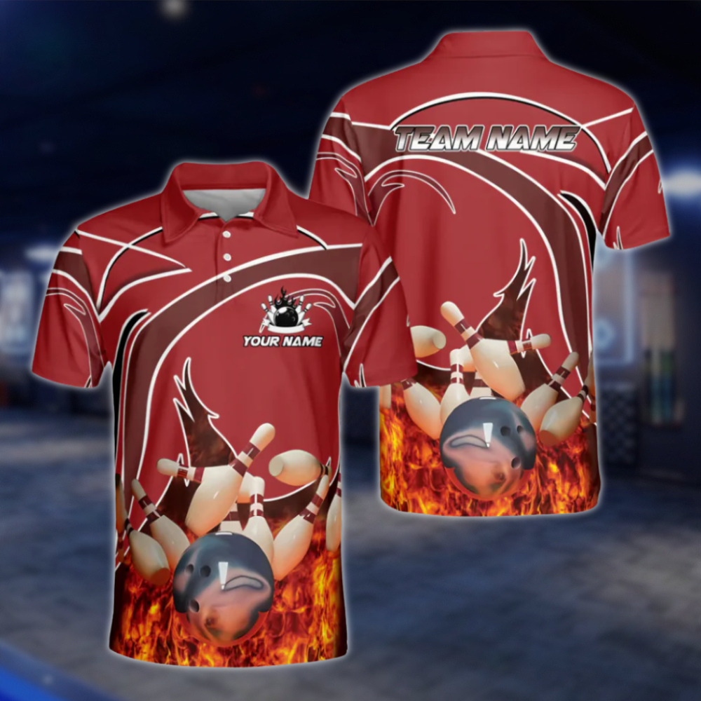 Custom Flame Men's Red Bowling Polo Shirts, Custom Flame Bowling Shirt For Team BM0318