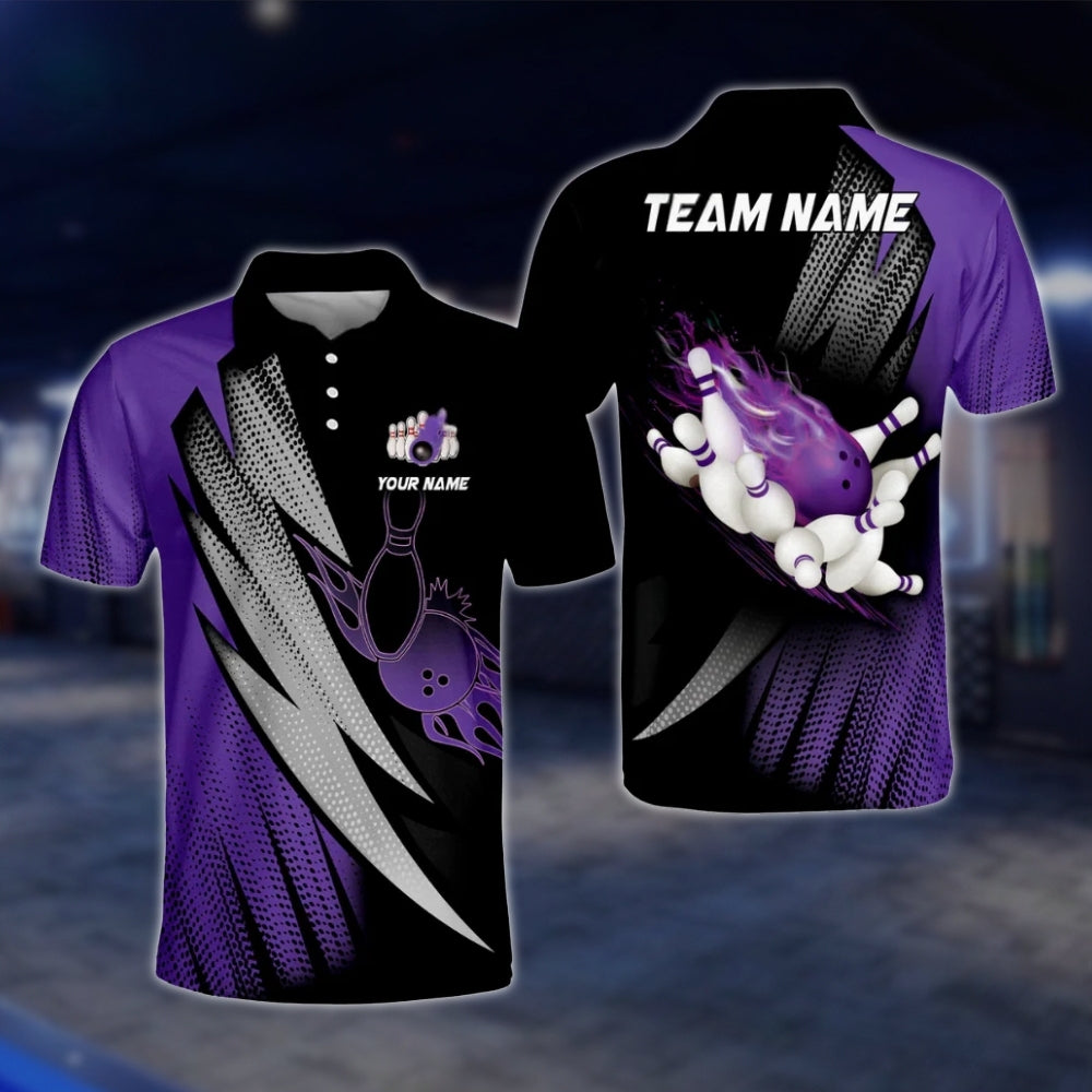 Custom Flaming Purple Black Men's Bowling Polo Shirt, Custom Flame Bowling Shirts For Team BO0376