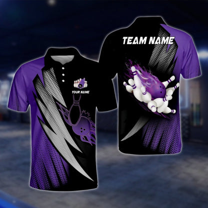 Custom Flaming Purple Black Men's Bowling Polo Shirt, Custom Flame Bowling Shirts For Team BO0376