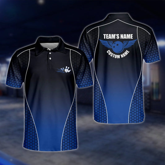 Blue Black Custom Team Bowling Mens Polo Shirt, Custom Bowling Shirts BM0091