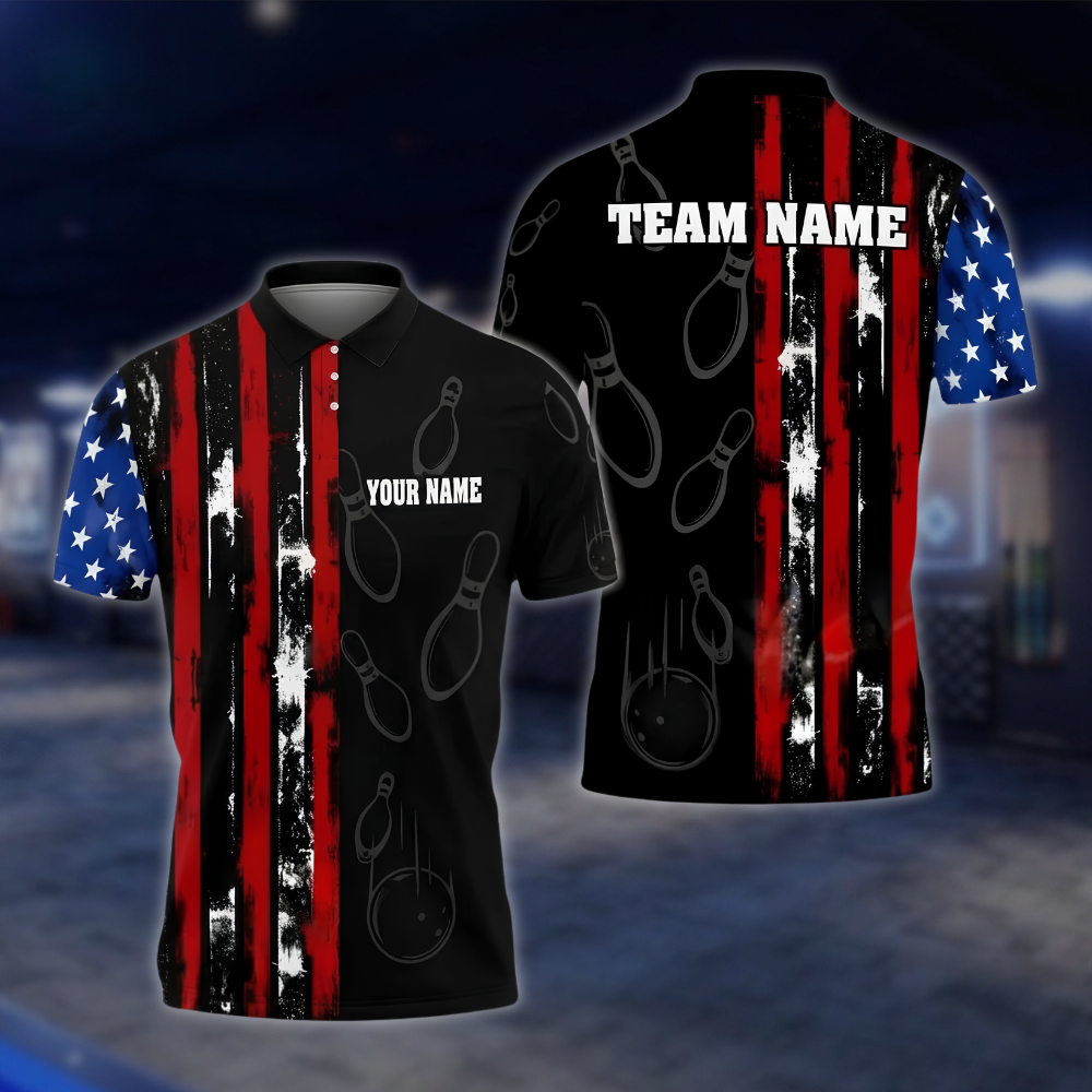 Personalized American Flag Bowling Polo Shirt Men Black, Custom Patriotic Bowling Shirt For Team BZ0867