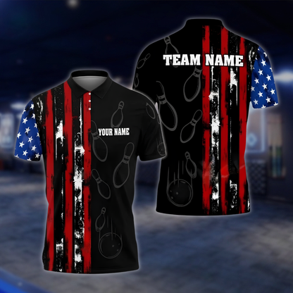 Personalized American Flag Bowling Polo Shirt Men Black, Custom Patriotic Bowling Shirt For Team BZ0867