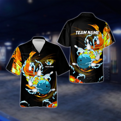 Personalized Flame Ball And Pins Bowling Hawaiian Shirt For Men, Custom Flame Team Bowling Shirt BZ0771