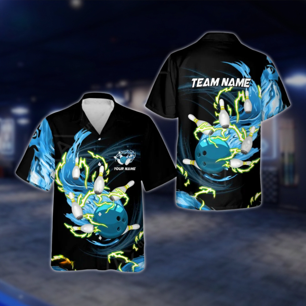 Personalized Flame Ball And Pins Bowling Hawaiian Shirt For Men, Custom Flame Team Bowling Shirt BZ0771