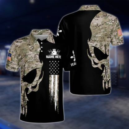 Personalised Camo Skull Bowling Polo Shirts Mens, Custom Skull Bowling Shirt Team BZ0156